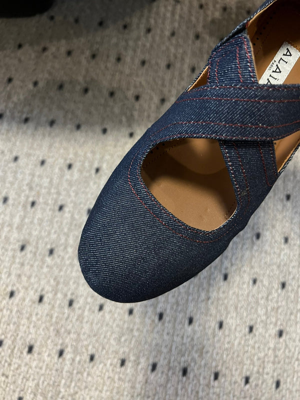 Alaia 25 Criss Cross With Stud Ballet Flats Denim Blue Sheepskin 303695