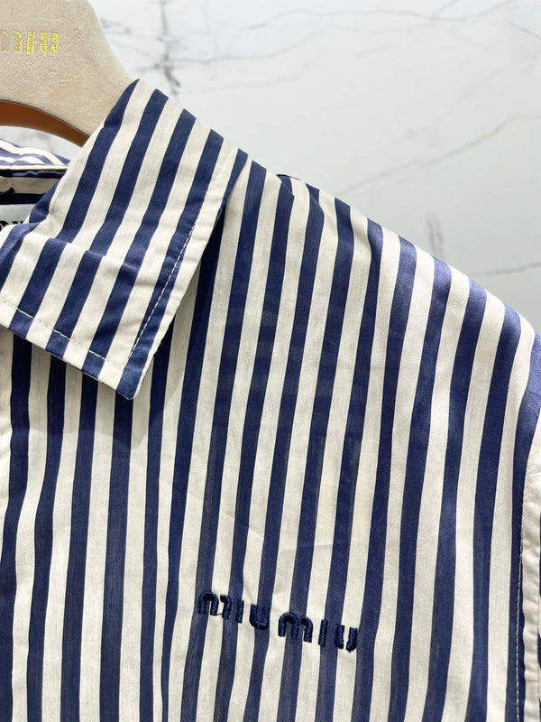 Miu Miu Striped Letter Embroidered Shirt Blue White Cotton