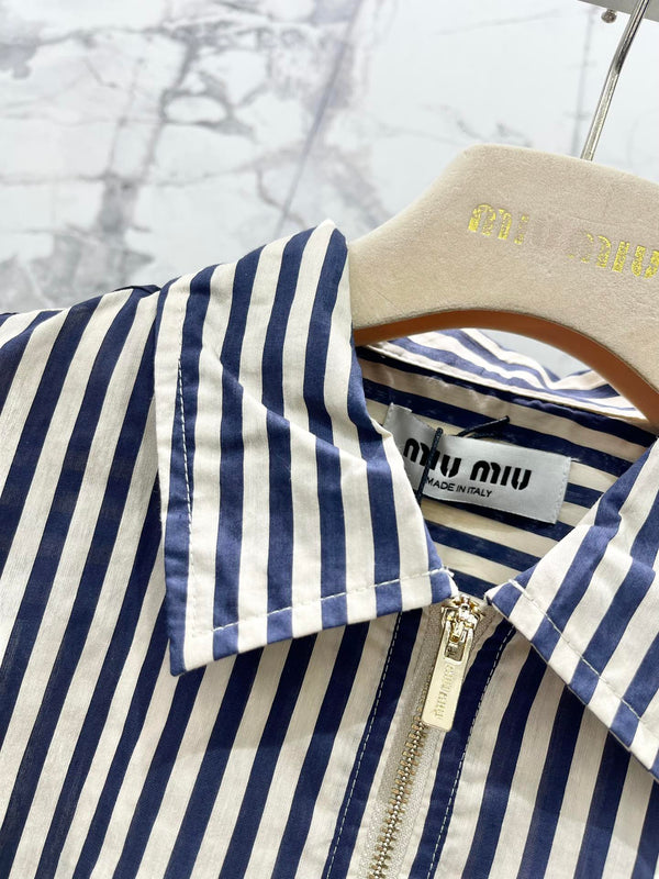 Miu Miu Striped Letter Embroidered Shirt Blue White Cotton