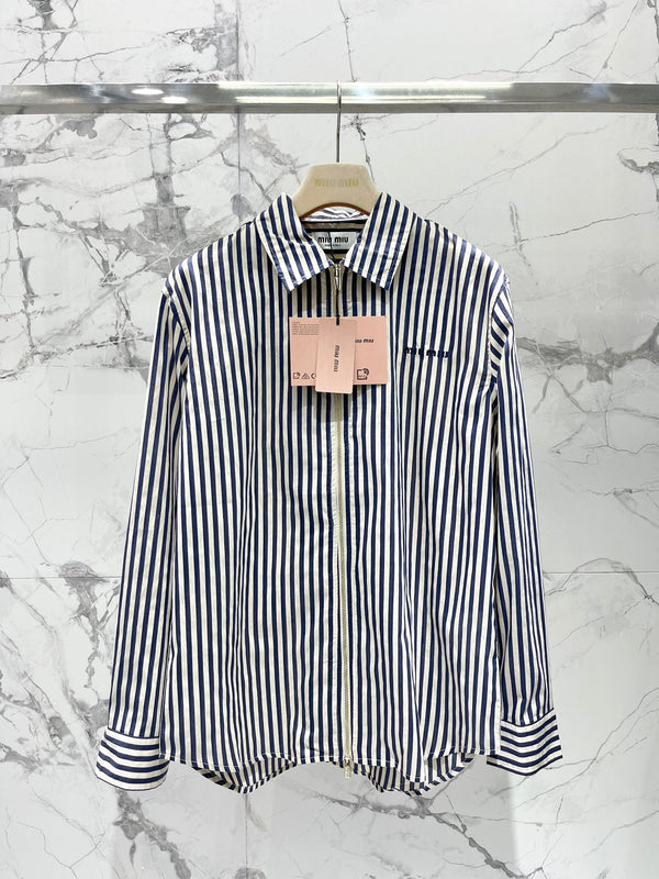Miu Miu Striped Letter Embroidered Shirt Blue White Cotton