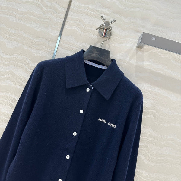 Miu Miu Polo Collar Cardigan Navy Blue Cashmere