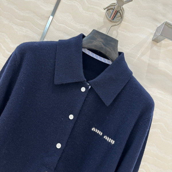 Miu Miu Polo Collar Cardigan Navy Blue Cashmere