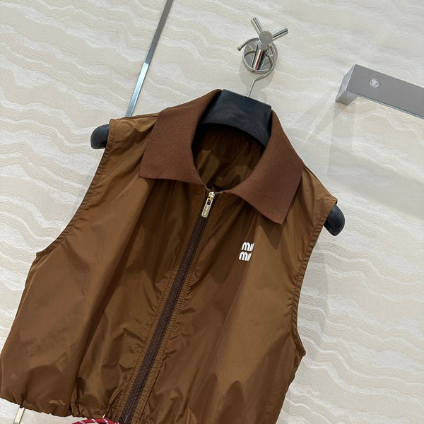 Miu Miu 25 Sport Zipper Vest Cocoa Brown Technical Fabric