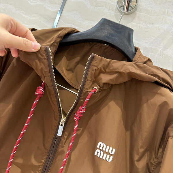 Miu Miu 25 Hooded Short Jacket Cocoa Brown Technical Fabric