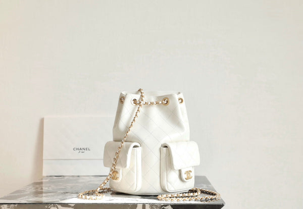 CC Drawstring Backpack 24.3cm White Lambskin