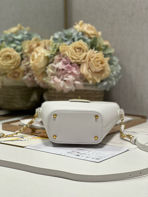 CD Montaigne Large Chain Bucket Bag White Calfskin 336797