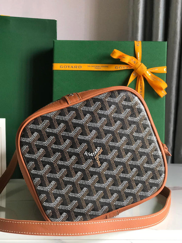 BORSA A SECCHIELLO PETIT FLOT 22 IN TELA GOYARDINE NERA E FINITURE IN PELLE DI AGNELLO COLOR TAN