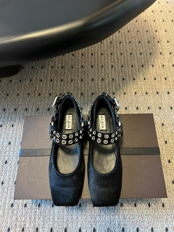 Alaia 25 Biker Ballet Flats Black Horsehair Sheepskin 303729