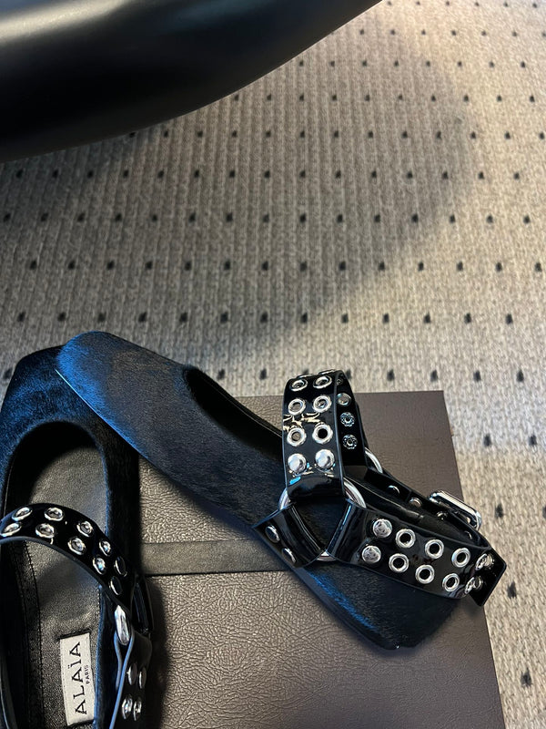 Alaia 25 Biker Ballet Flats Black Horsehair Sheepskin 303729