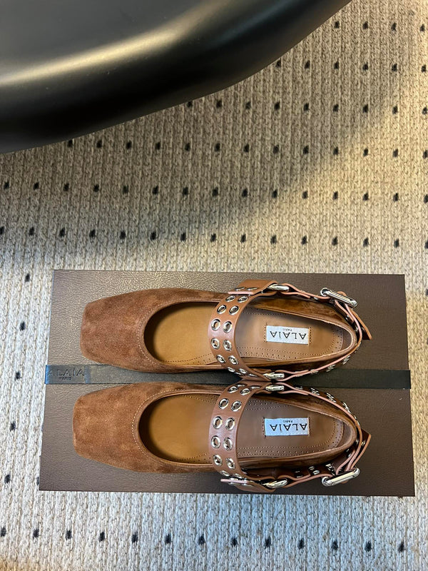Alaia 25 Biker Ballet Flats Brown Chocolate Suede 303730