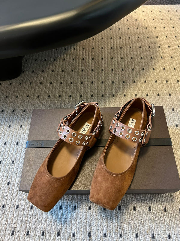 Alaia 25 Biker Ballet Flats Brown Chocolate Suede 303730