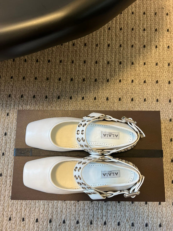 Alaia 25 Biker Ballet Flats White Calfskin 303734