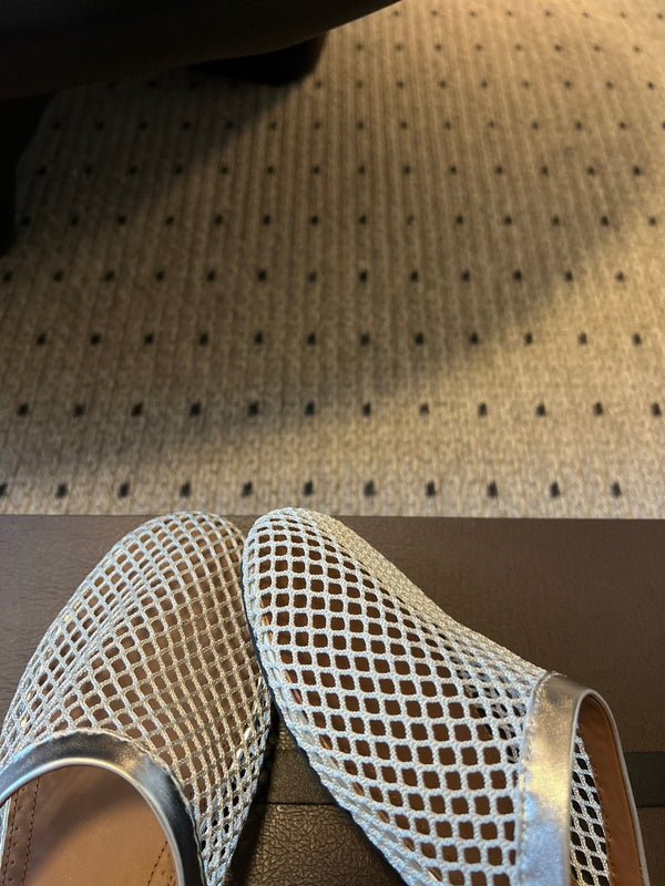 Alaia 25 Fishnet Flat Mules Silver Lampskin 303679