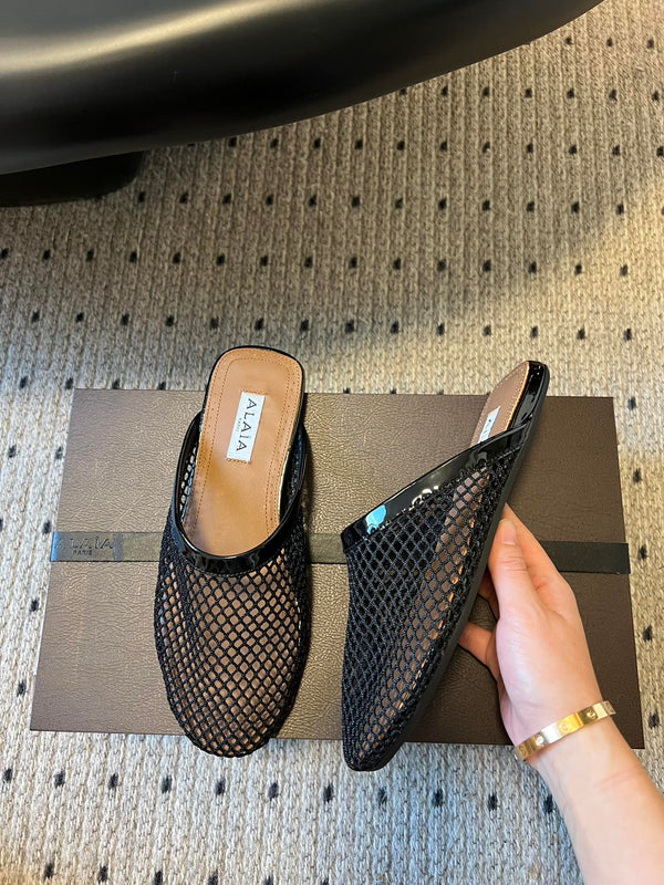 Alaia 25 Fishnet Flat Mules Black Lampskin 303685