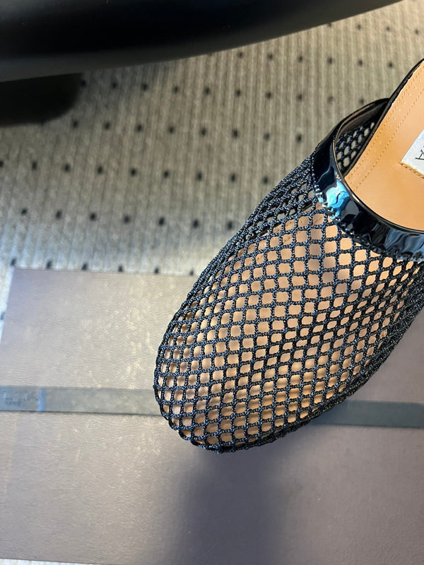 Alaia 25 Fishnet Flat Mules Black Lampskin 303685