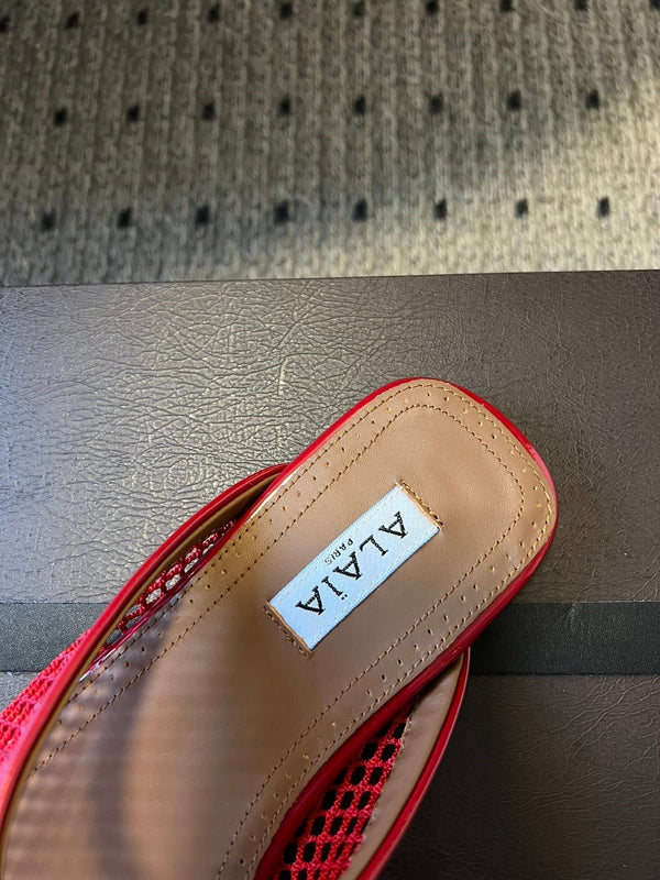 Alaia 25 Fishnet Flat Mules Red Lampskin 303682