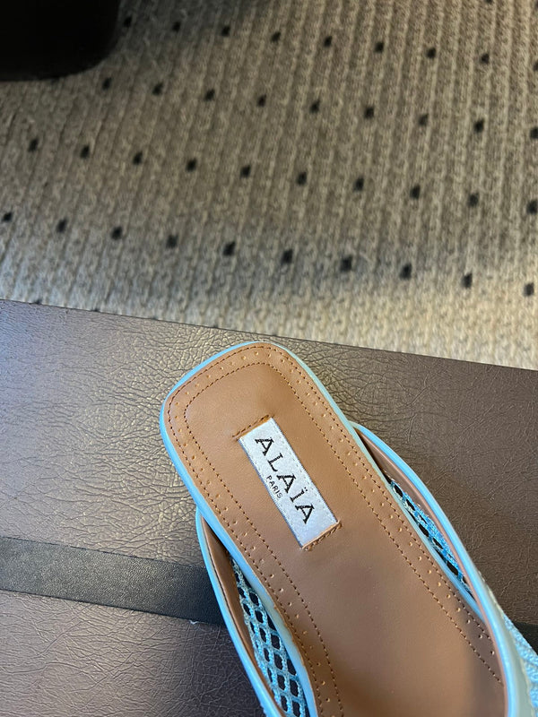 Alaia 25 Fishnet Flat Mules Lagoon Green Lampskin 303684