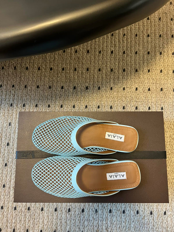 Alaia 25 Fishnet Flat Mules Lagoon Green Lampskin 303684
