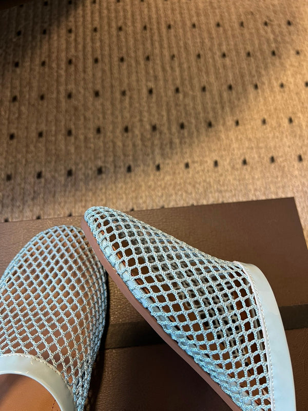 Alaia 25 Fishnet Flat Mules Lagoon Green Lampskin 303684