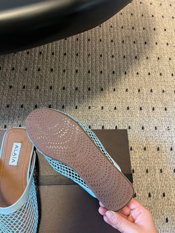 Alaia 25 Fishnet Flat Mules Lagoon Green Lampskin 303684