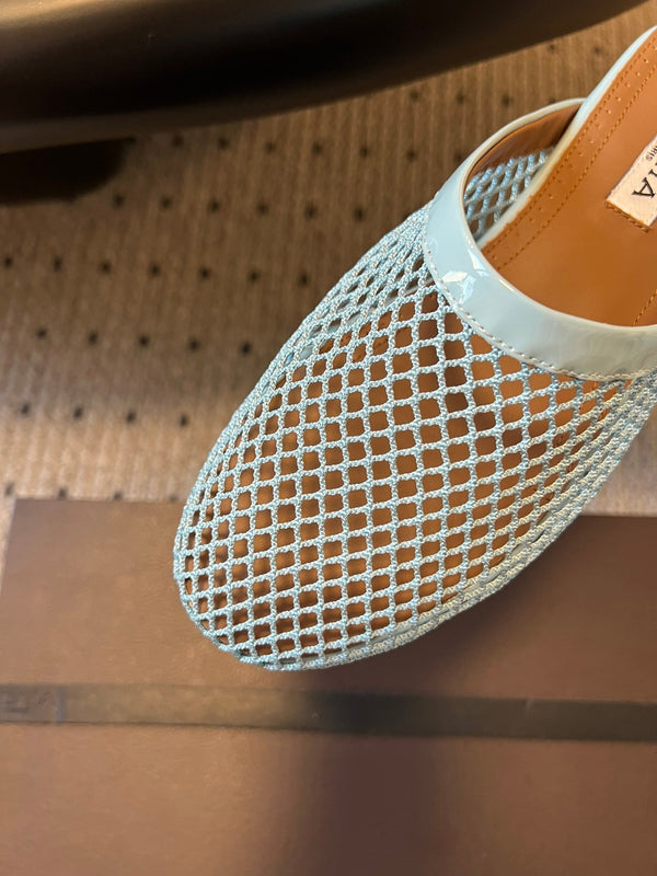 Alaia 25 Fishnet Flat Mules Lagoon Green Lampskin 303684