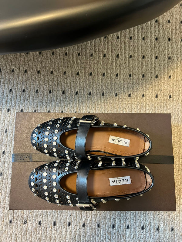 Alaia 25 Vienne With Strass Ballet Flats Black Lambskin 303722