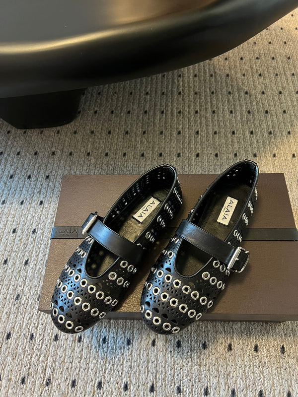 Alaia 25 Vienne With Eyelets Ballet Flats Black Lambskin 303720