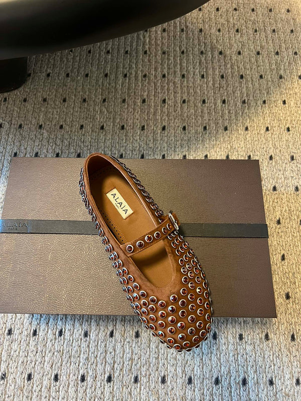 Alaia 25 Strass Ballet Flats Brown Suede Goatskin 303723