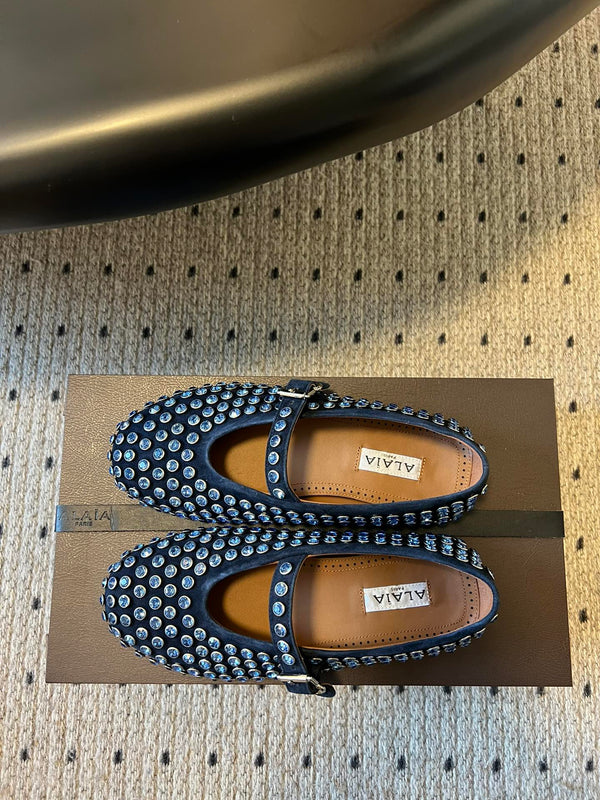 Alaia 25 Strass Ballet Flats Navy Blue Suede Goatskin 303724