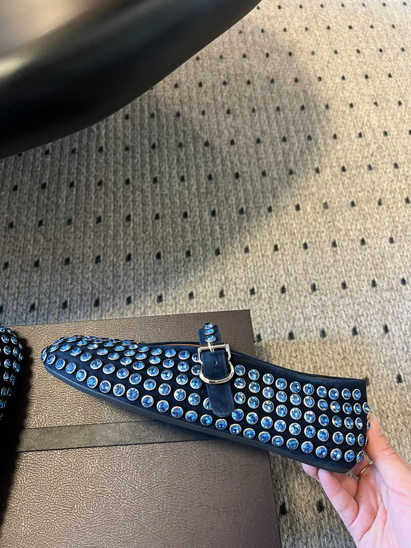 Alaia 25 Strass Ballet Flats Navy Blue Suede Goatskin 303724