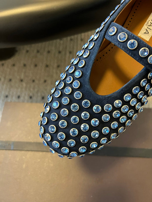 Alaia 25 Strass Ballet Flats Navy Blue Suede Goatskin 303724