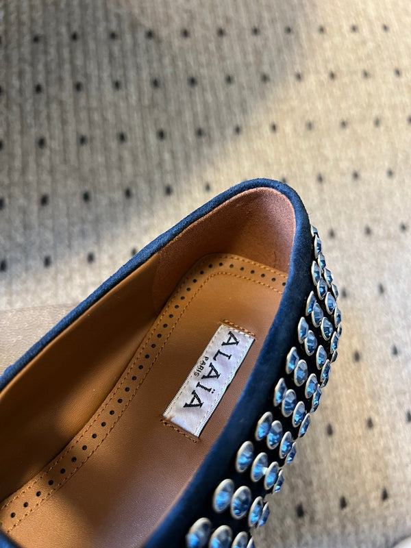 Alaia 25 Strass Ballet Flats Navy Blue Suede Goatskin 303724