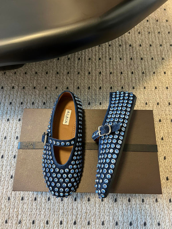 Alaia 25 Strass Ballet Flats Navy Blue Suede Goatskin 303724