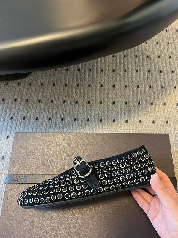 Alaia 25 Strass Ballet Flats Black Suede Goatskin 303726