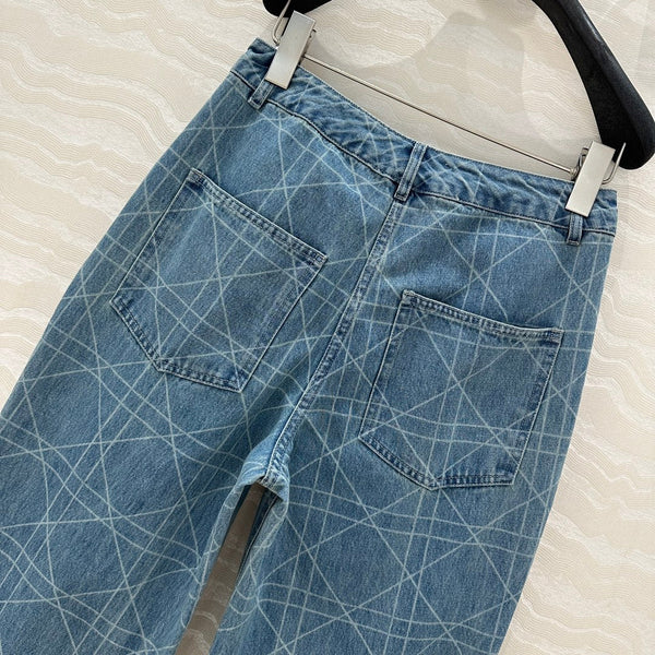 CD Plaid Straight Jeans Retro Blue Cotton
