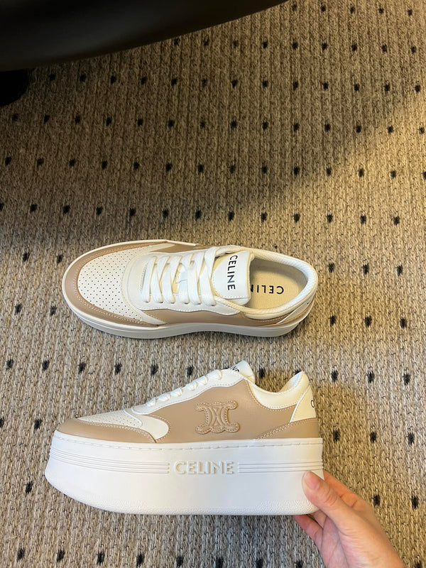 BLOCK SNEAKER WITH TRIOMPHE IN WHITE MIX SAND BROWN CALFSKIN