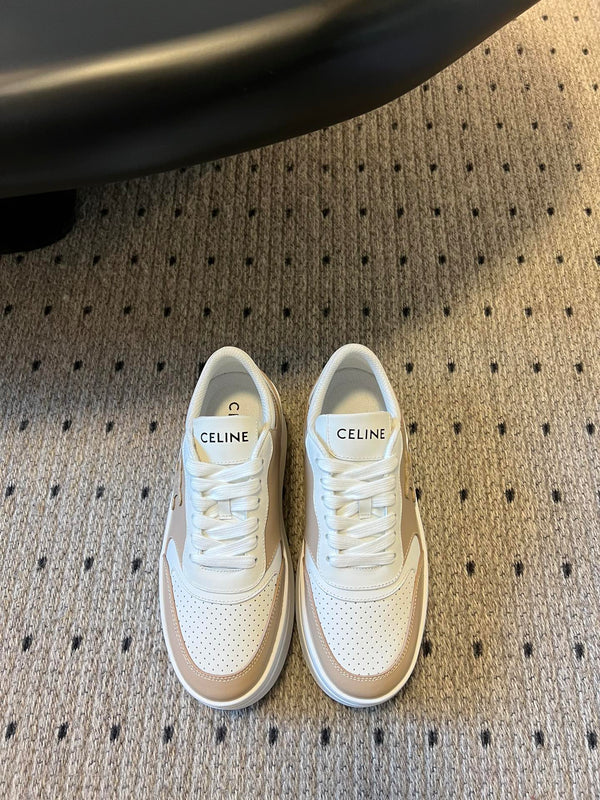 BLOCK SNEAKER WITH TRIOMPHE IN WHITE MIX SAND BROWN CALFSKIN