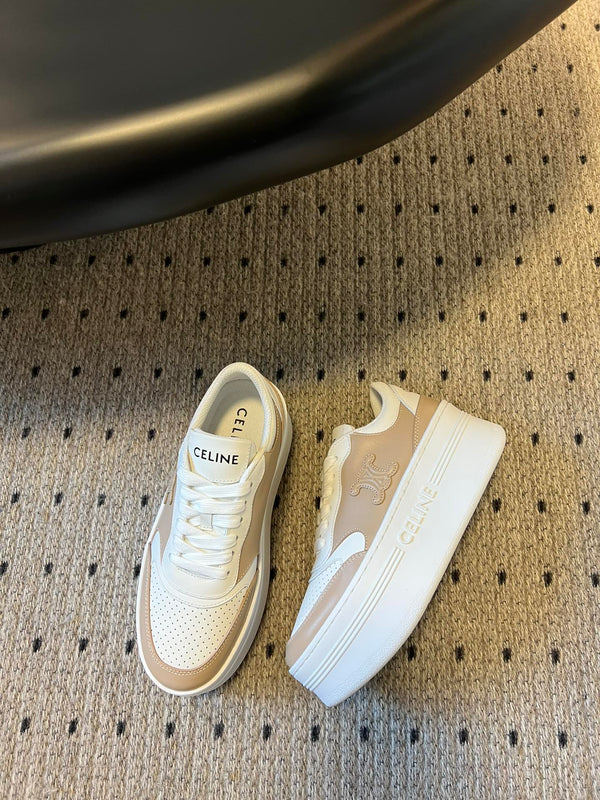 BLOCK SNEAKER WITH TRIOMPHE IN WHITE MIX SAND BROWN CALFSKIN