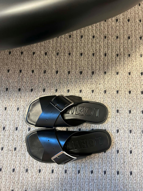 Loewe 25 Petal Belt Flat Sandals Black Sheepskin