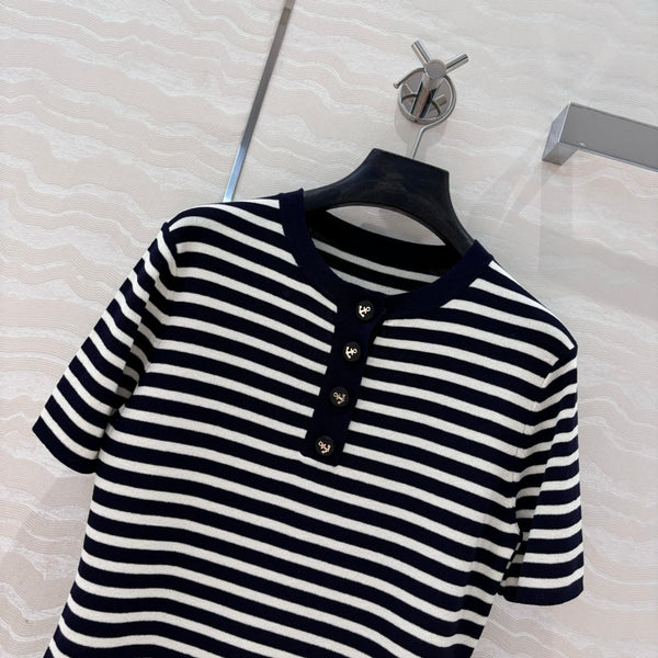 CD Striped Round-neck Knitted Top Navy Blue White Tencel
