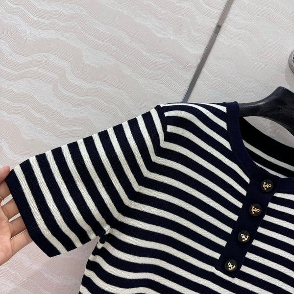 CD Striped Round-neck Knitted Top Navy Blue White Tencel