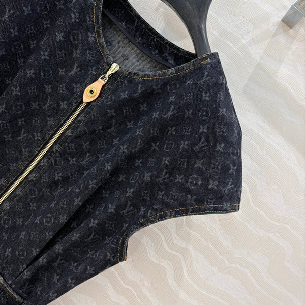 LV 25 Monogram Jacquard Logo Denim Dress Black Cotton