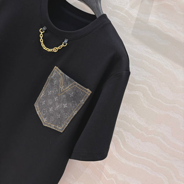 LV 25 Monogram Jacquard Logo Denim T-shirt Black Cotton