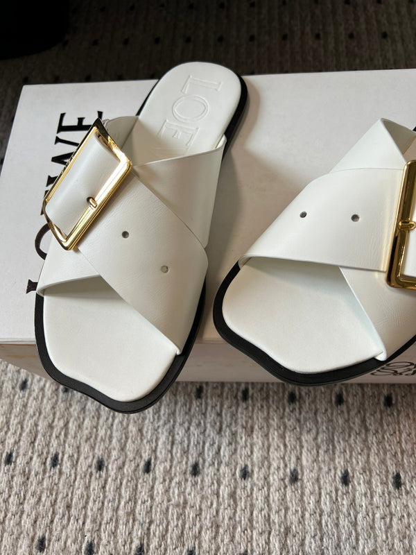 Loewe 25 Petal Belt Flat Sandals White Sheepskin 212777