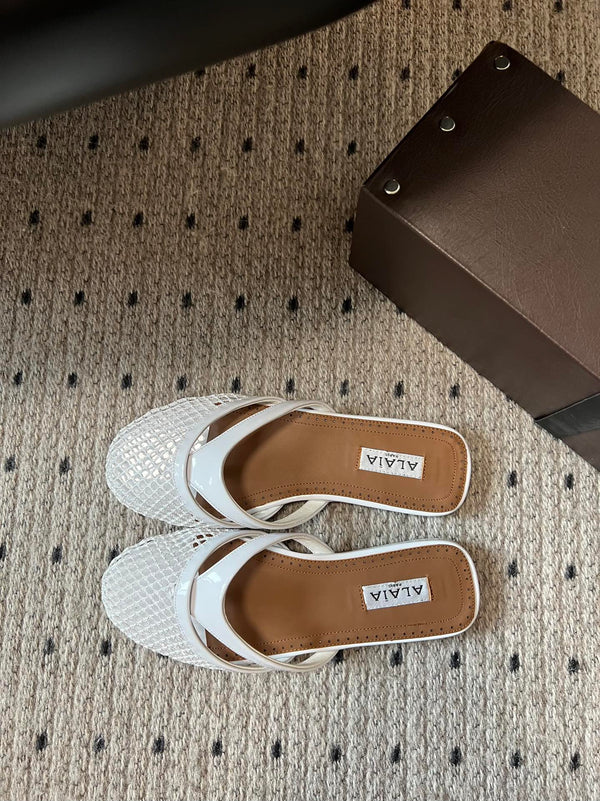 Alaia 25 Infradito Fishnet Flat Mules White Lampskin 303706