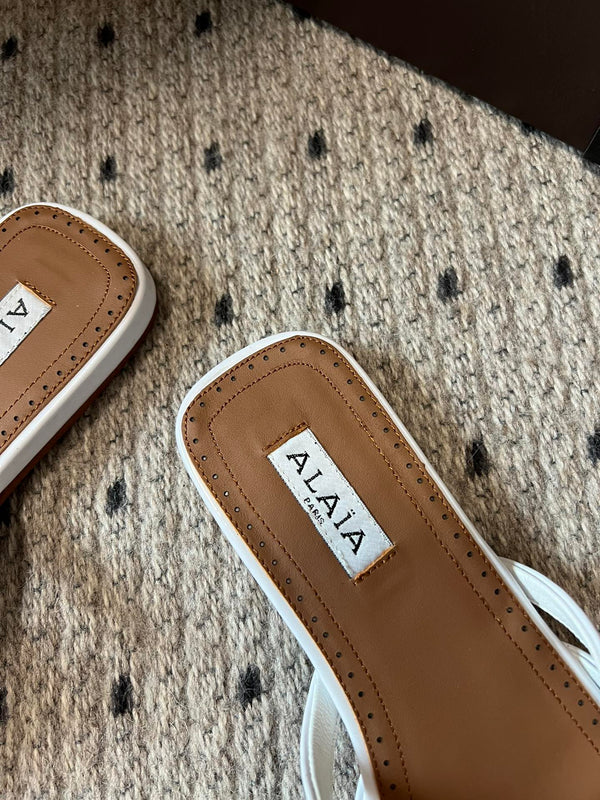 Alaia 25 Infradito Fishnet Flat Mules White Lampskin 303706