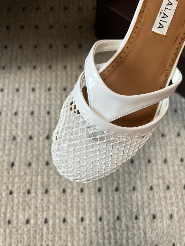 Alaia 25 Infradito Fishnet Flat Mules White Lampskin 303706