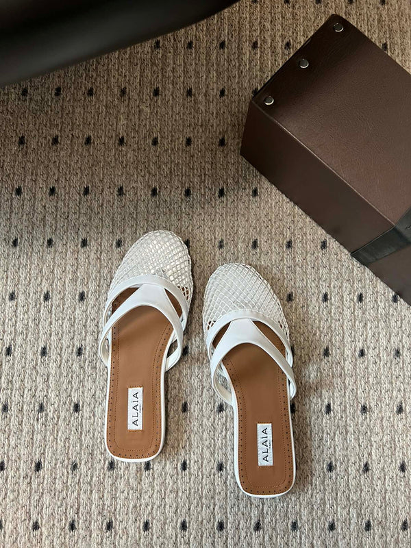 Alaia 25 Infradito Fishnet Flat Mules White Lampskin 303706