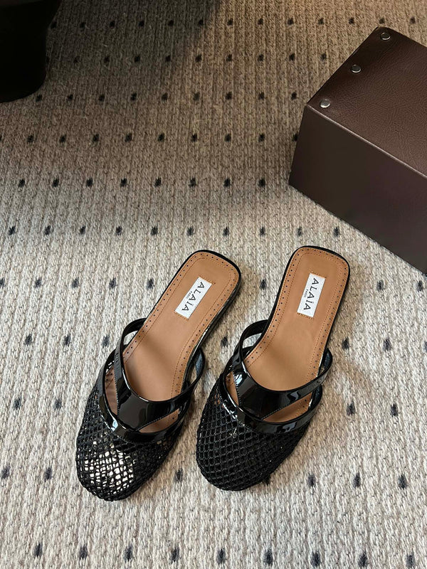 Alaia 25 Infradito Fishnet Flat Mules Black Lampskin 303708
