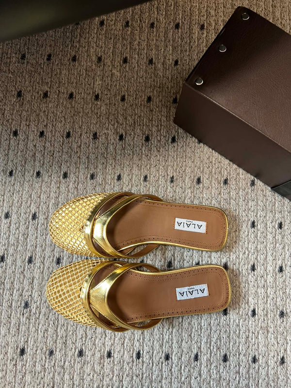 Alaia 25 Infradito Fishnet Flat Mules Gold Lampskin 303709